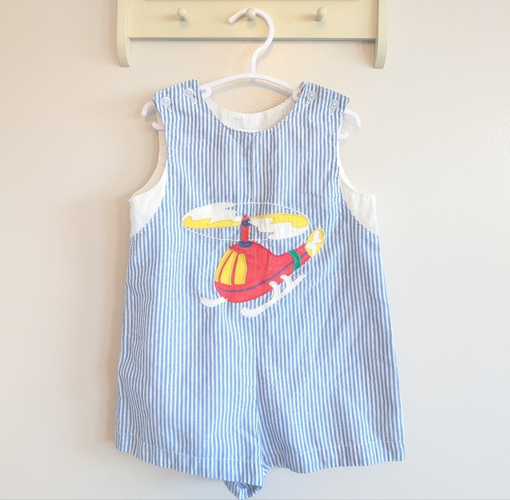 Reflex Blue and White Striped Romper with Helicopter Design